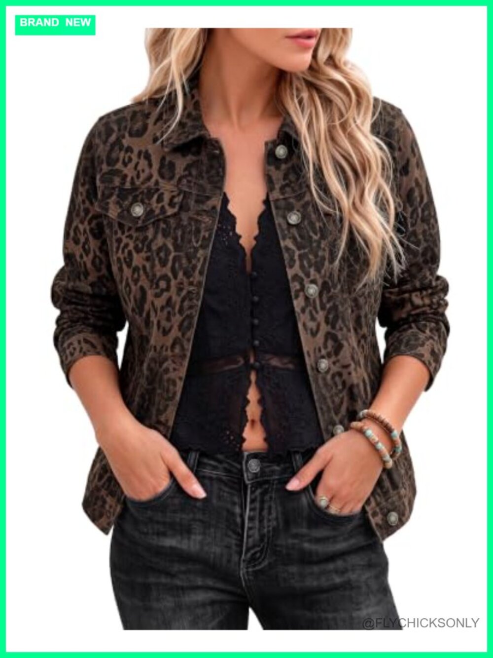 Leopard Print Stretch Denim Jacket Button Down Jean Casual
